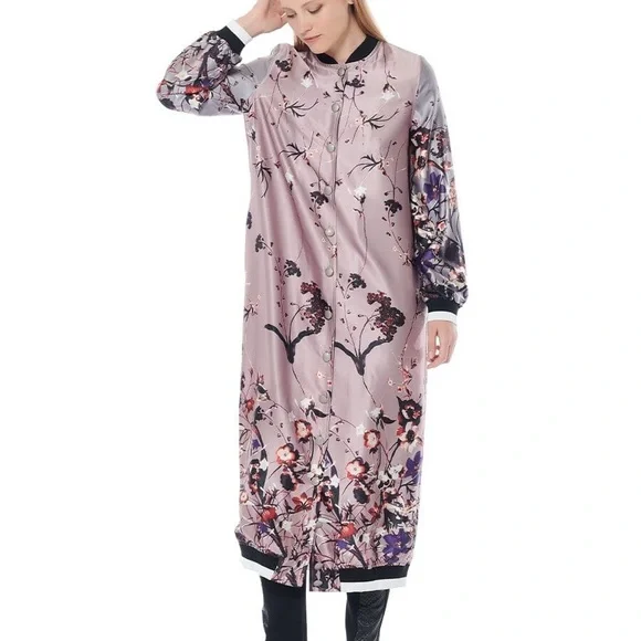 Flower Printed Long Baseball Jacket large - Picture 6 of 7